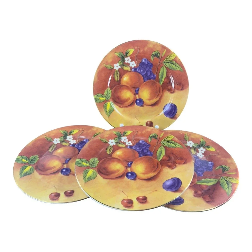 T‎ LIMOGES Fruit Porcelain Plate Dish Casa Elite France Set 4 Colorful Fruit VTG
